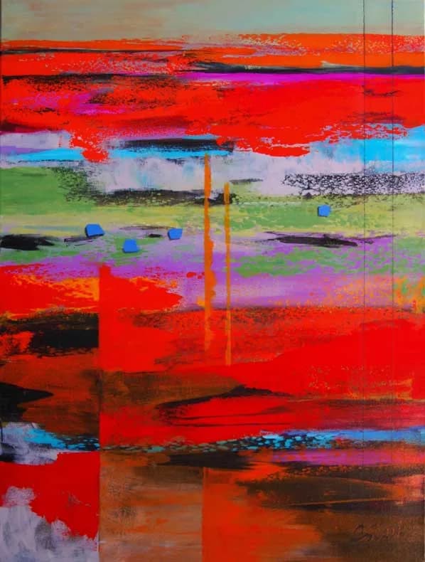 Abstract composition with bold red, magenta, blue, and green color fields suggesting landscape elements and digital glitch effects.
