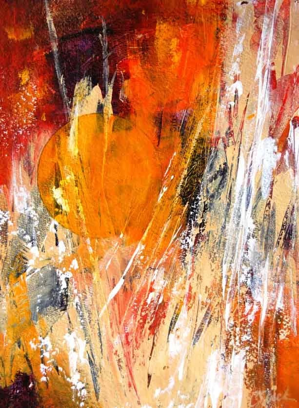 Abstract acrylic painting with bold orange, red, and yellow gestures layered over cream and dark tones.