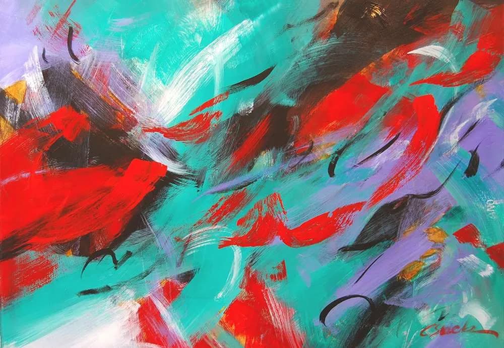 Abstract acrylic painting with bold red, turquoise, and purple gestural brushstrokes.