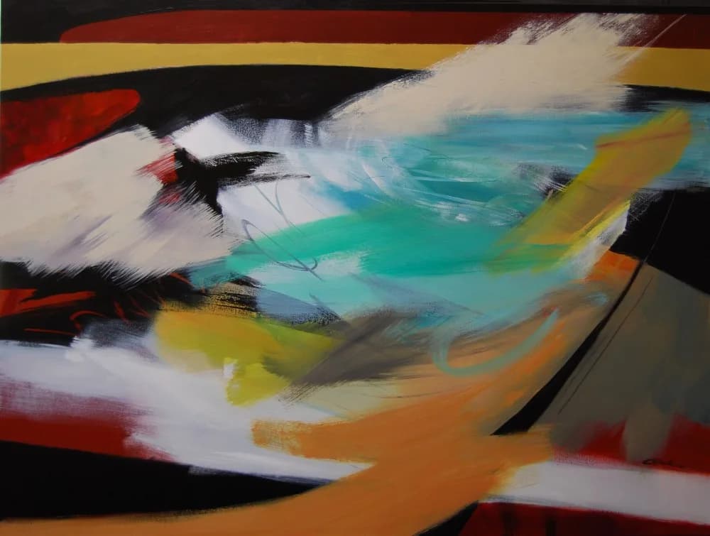 Abstract acrylic painting with gestural brushwork and bold bands of turquoise, orange, black, and white.