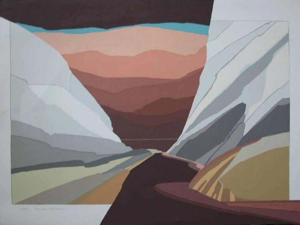 A layered canyon landscape with tilted sandstone formations and striped earth tones rendered in muted colors.