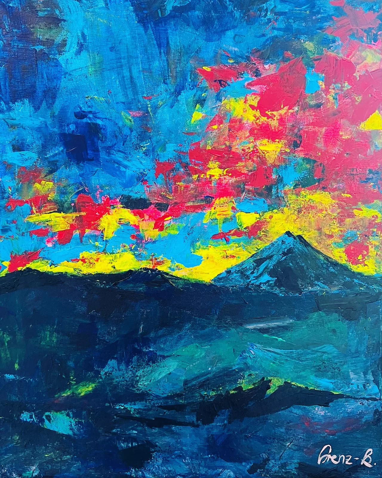 Abstract acrylic painting of a stylized mountain landscape beneath a luminous, multicolored sky.