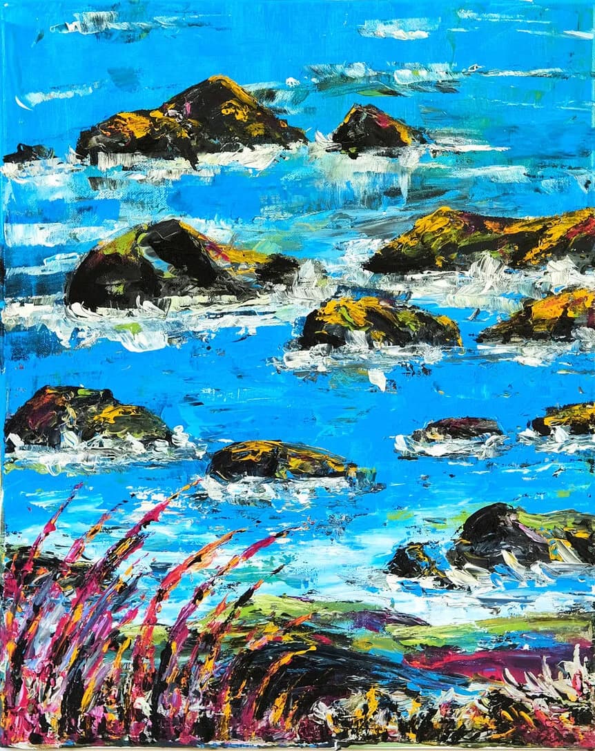 Coastal seascape with rocky outcrops and wildflowers rendered in vibrant acrylic paint.