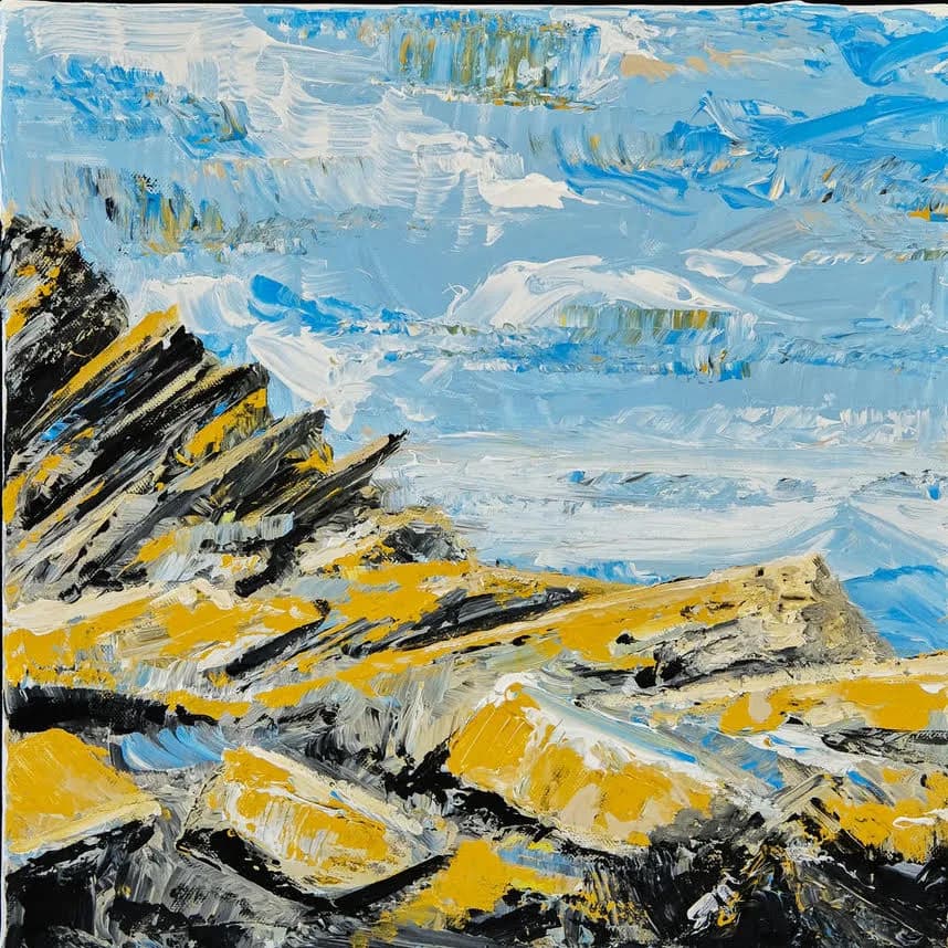 Oil painting of the Boulder Flatirons' tilted sandstone slabs overlooking a blue valley landscape.
