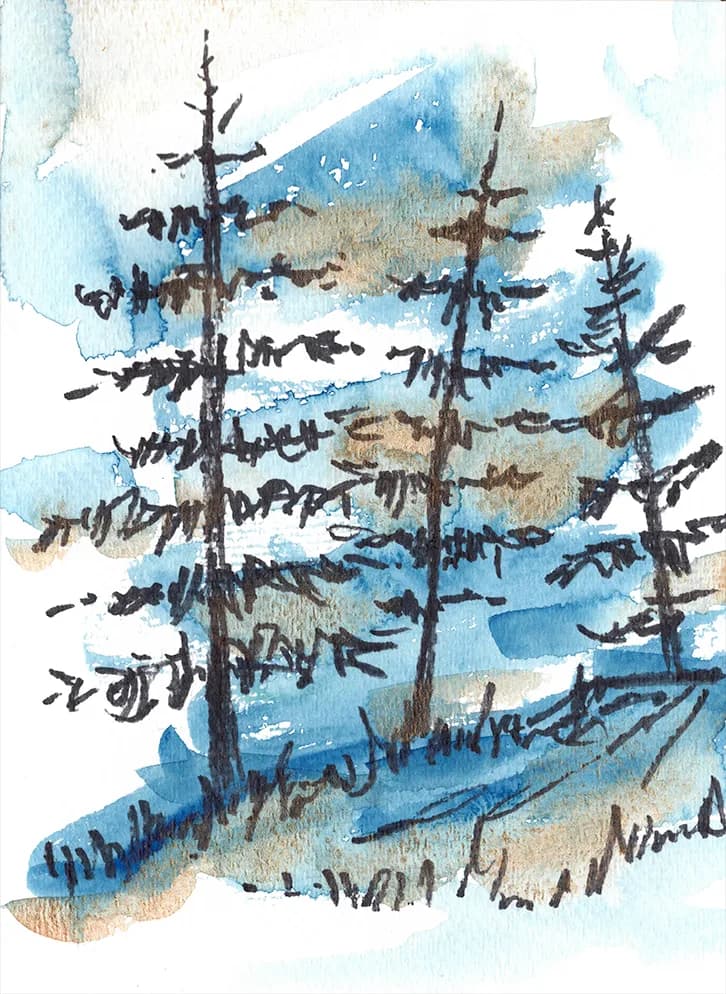 Evergreen trees against a blue mountain vista rendered in loose watercolor washes.