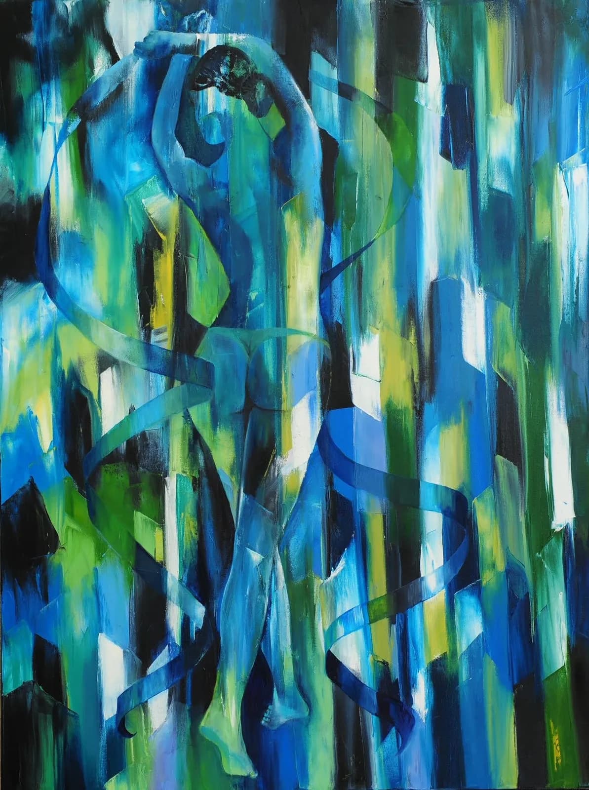 An abstracted human figure rendered in layered strokes of blue, green, and yellow acrylic paint.