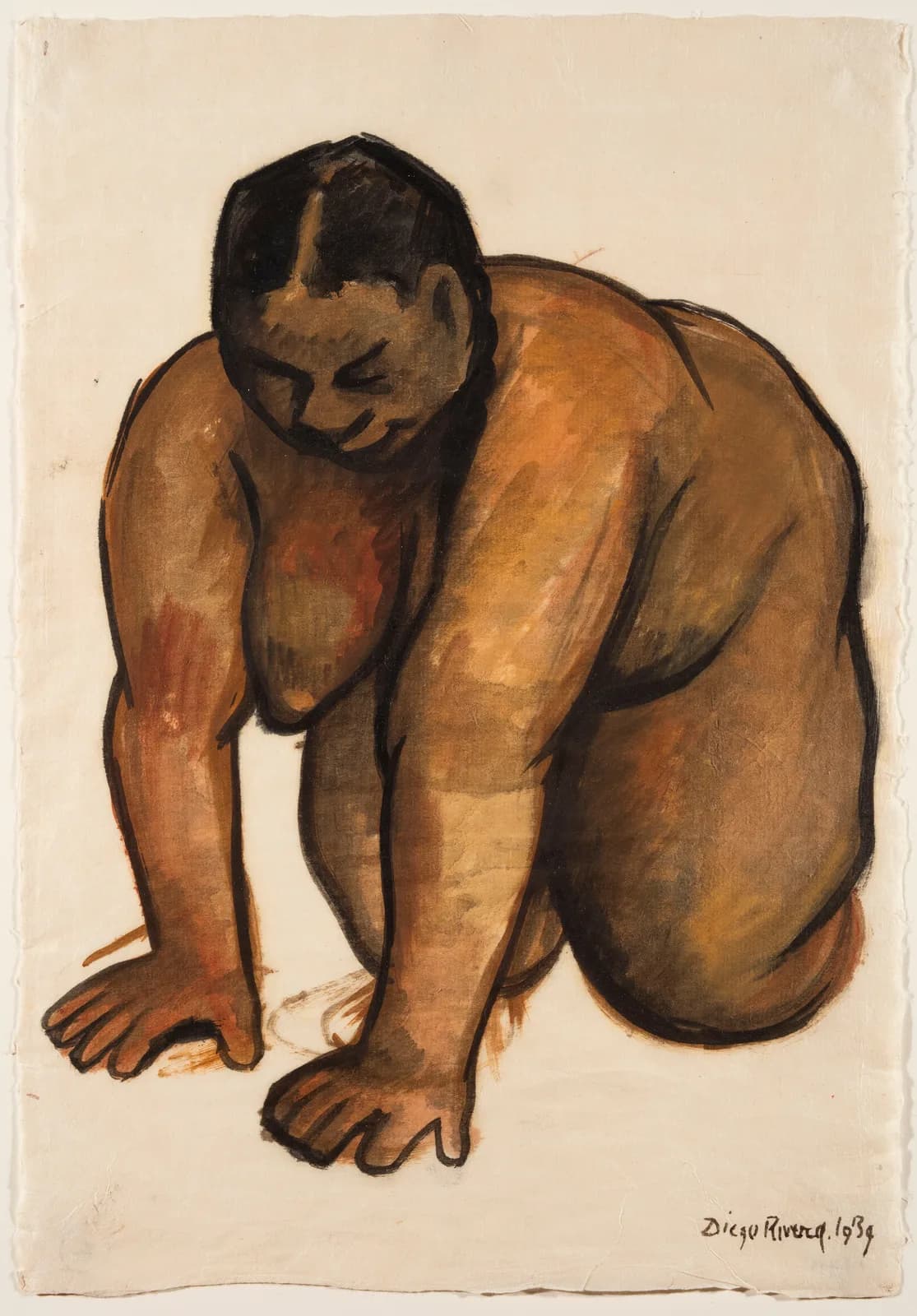 Ink drawing of a crouching nude figure with expressive brushwork and warm ochre tones.
