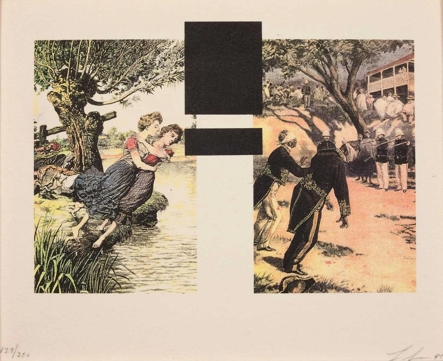 A mixed-collage print combining vintage figurative scenes with geometric black and white shapes.