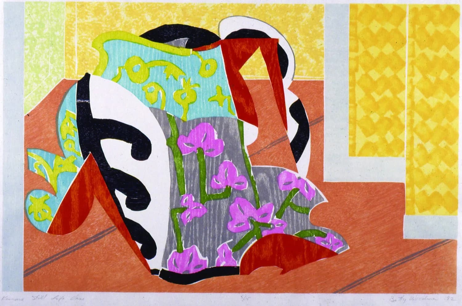 Geometric abstract still life with a patterned pitcher, purple flowers, and bold yellow background in printmaking.