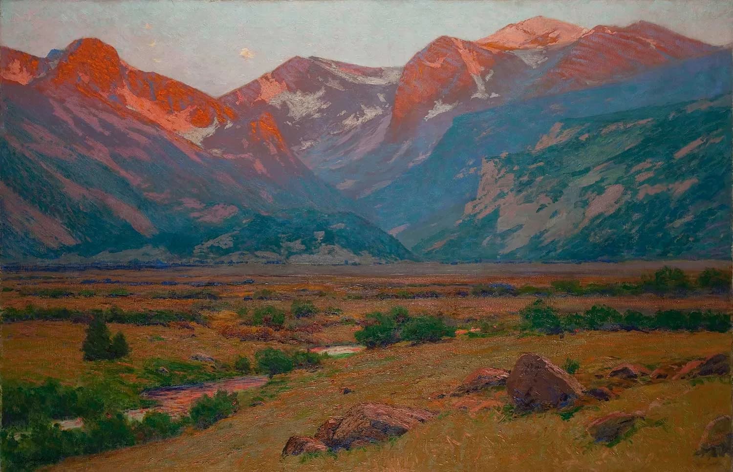 Oil painting of a mountain valley beneath the Boulder Flatirons, capturing warm afternoon light on distant ridges and foreground meadow.