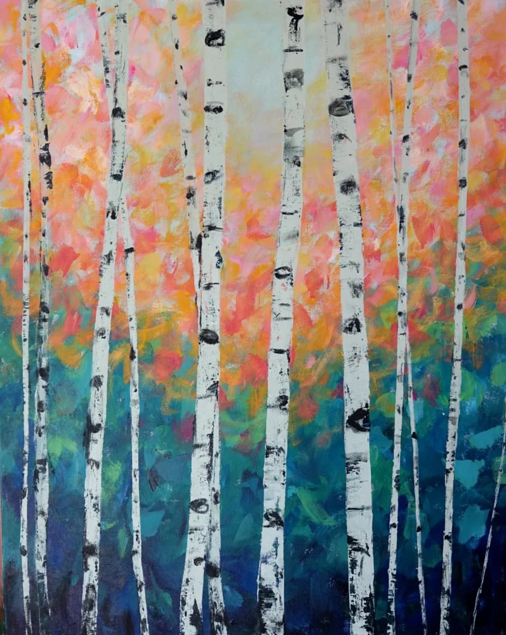 Birch trees with white trunks and black markings rise through a gradient of warm autumn colors to cool blue-green tones below.