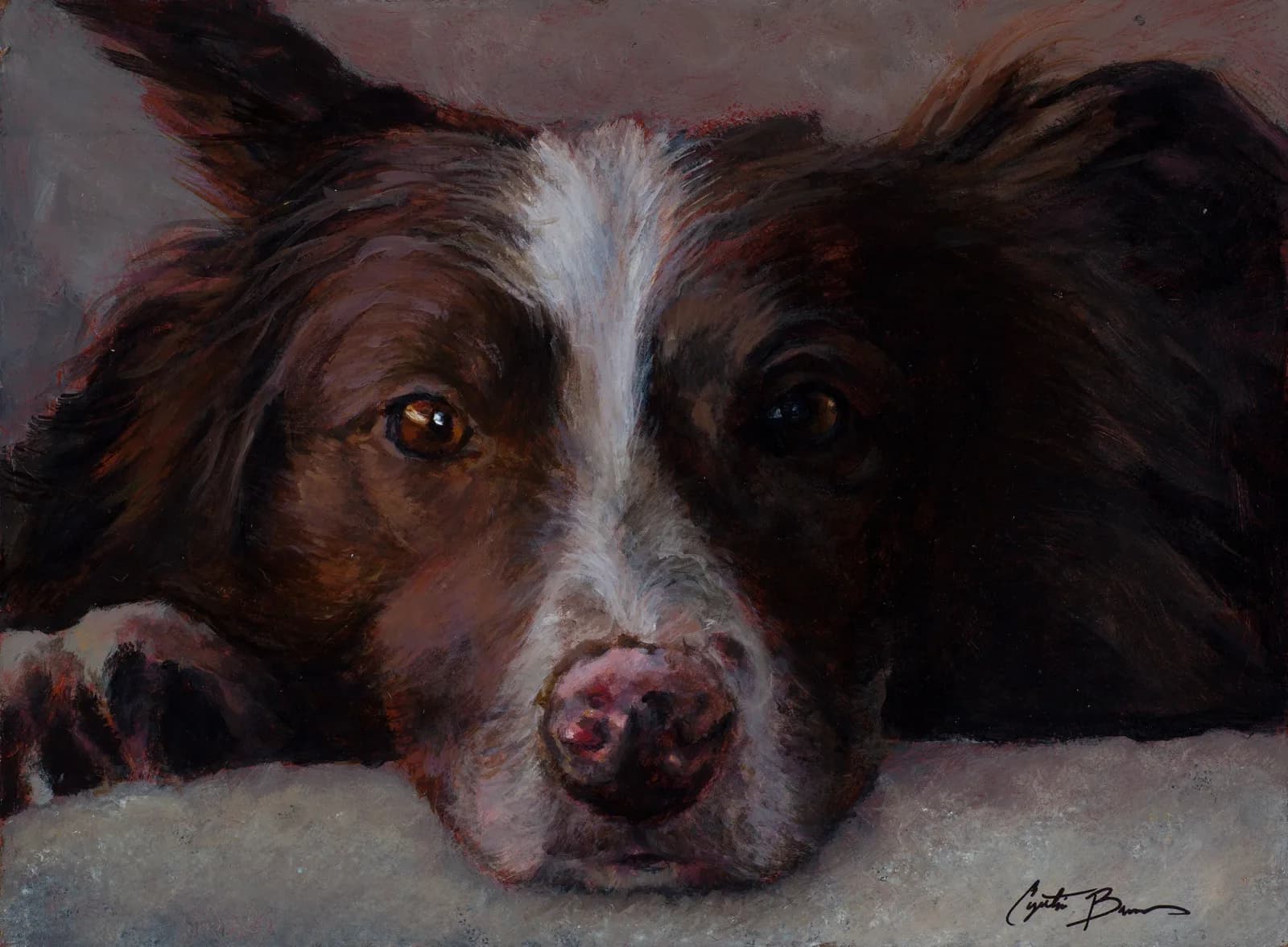 Oil painting of a brown and white dog's face resting on a pale surface, with warm highlights on the eyes.
