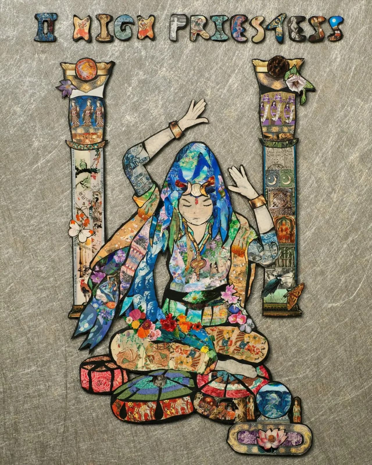 A surreal mixed-media collage of a seated priestess figure with blue hair, constructed from layered papers and fabric patterns.