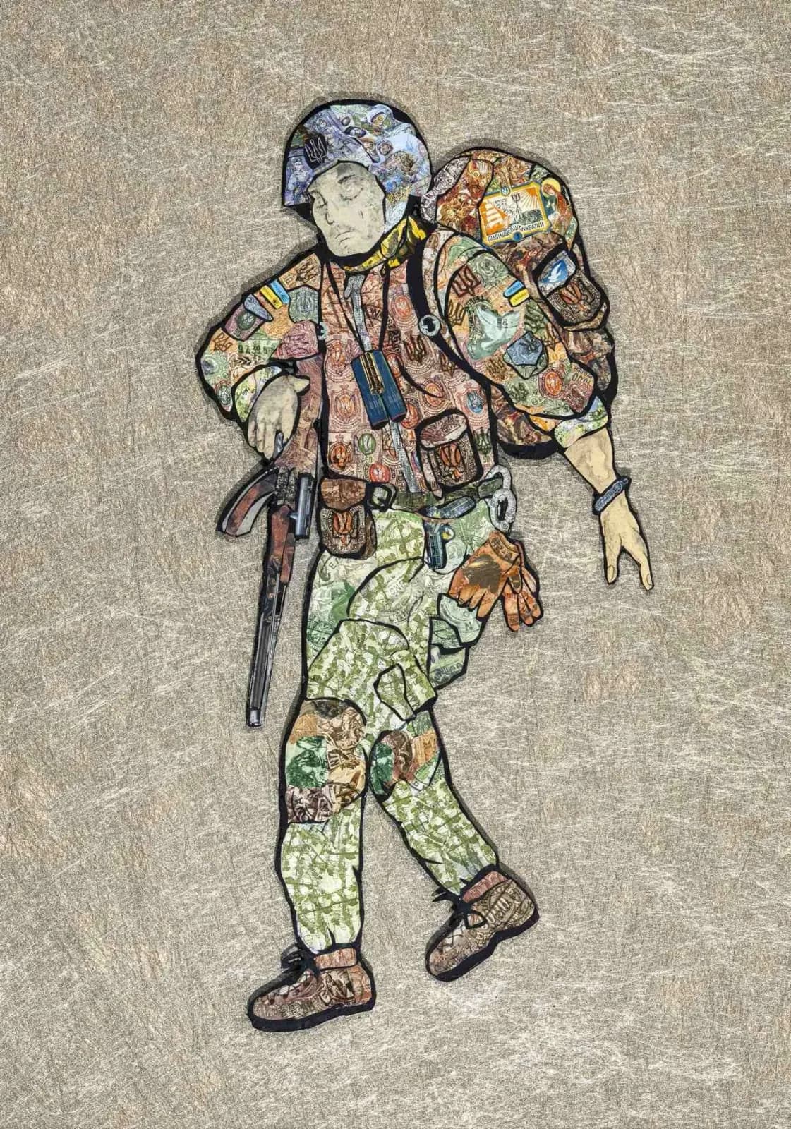 A figure wearing a hiking backpack and patterned clothing rendered in embroidery and textile collage on a neutral ground.