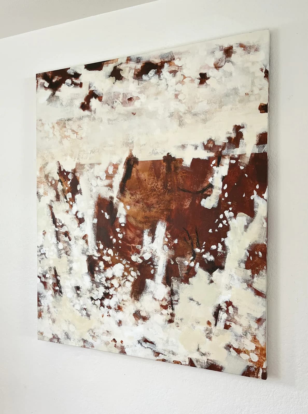 Abstract acrylic painting with layered cream, rust, and saddle-brown gestural marks on white.