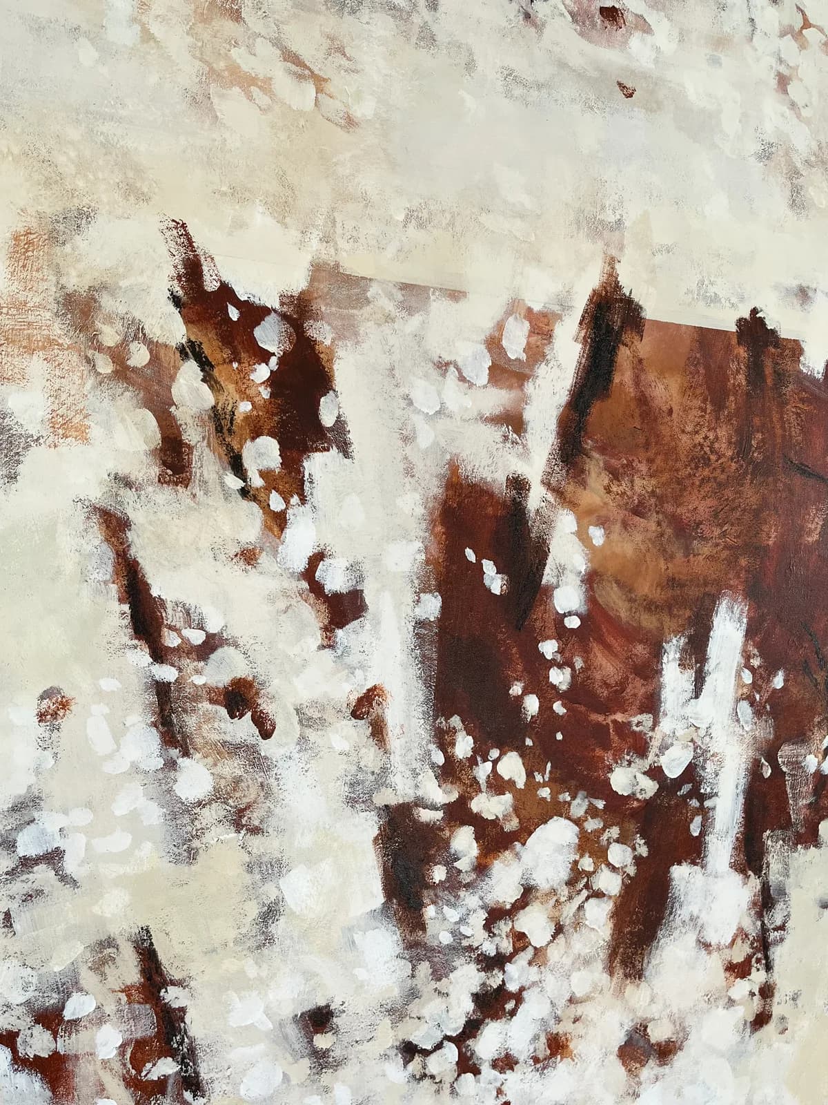 Abstract painting with rust and cream tones featuring vertical forms and layered textures.