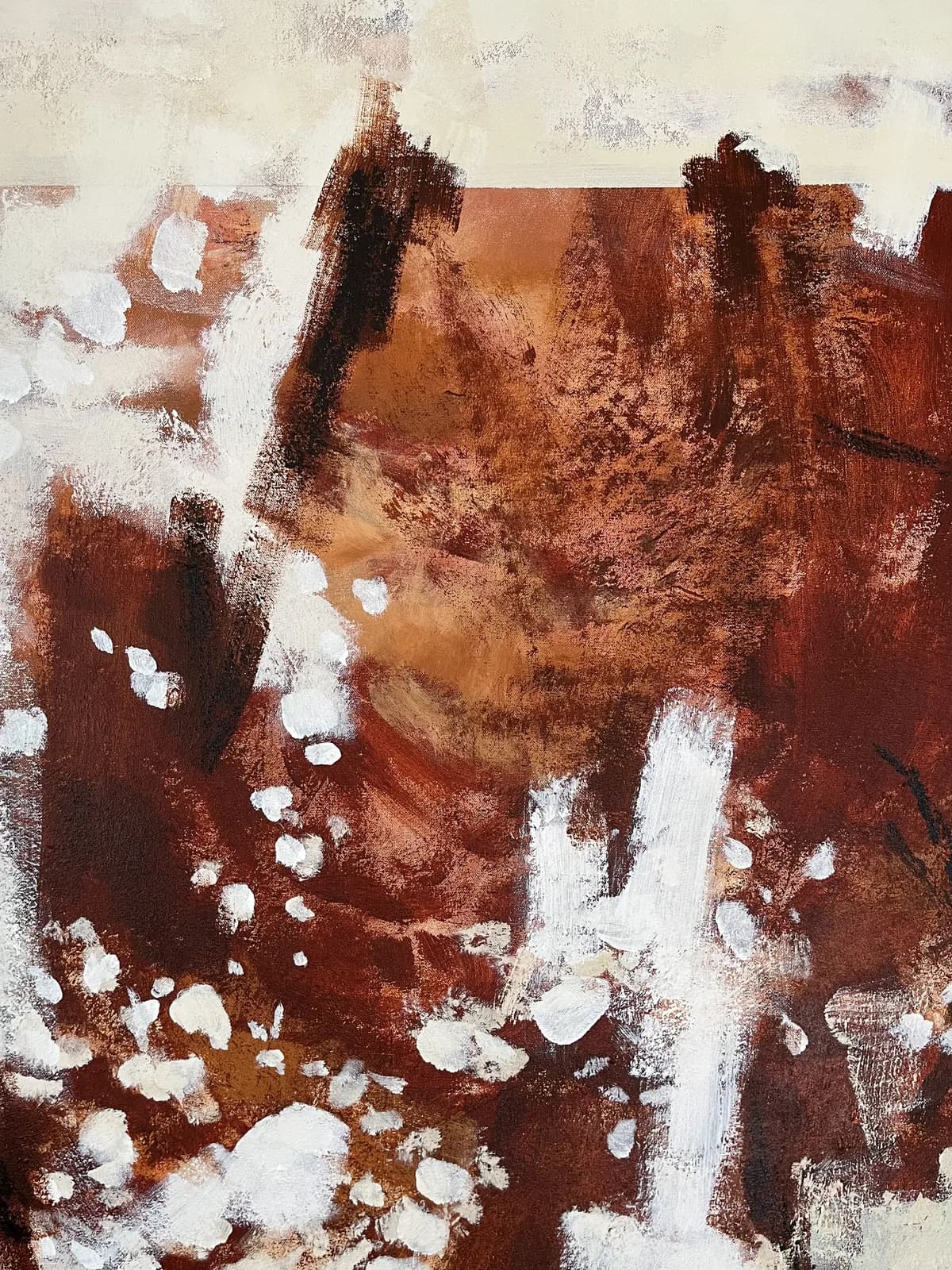 Abstract acrylic landscape depicting the Boulder Flatirons with snow-dusted red rock formations and vertical striations.