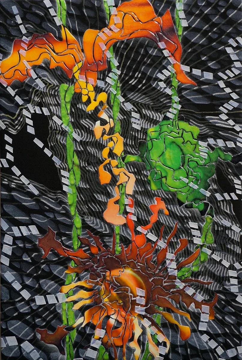 Mixed-media collage with layered orange, green, and black organic forms and patterned paper elements.