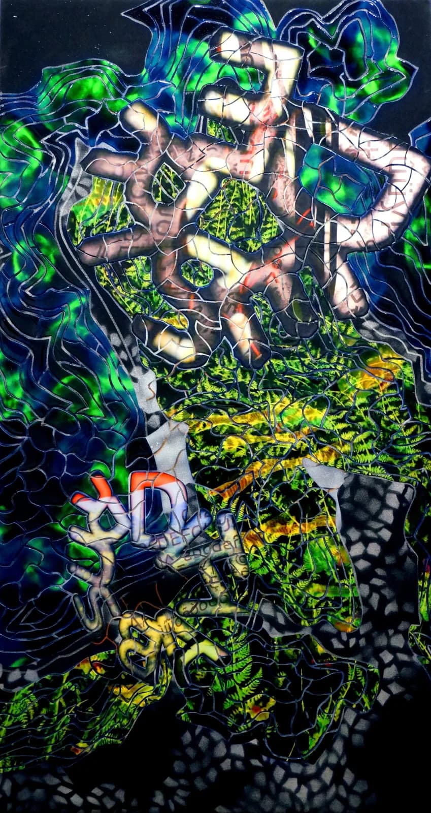 Digital mixed-media composition layering neon-bright glitch effects with an abstracted human figure against a dark background.