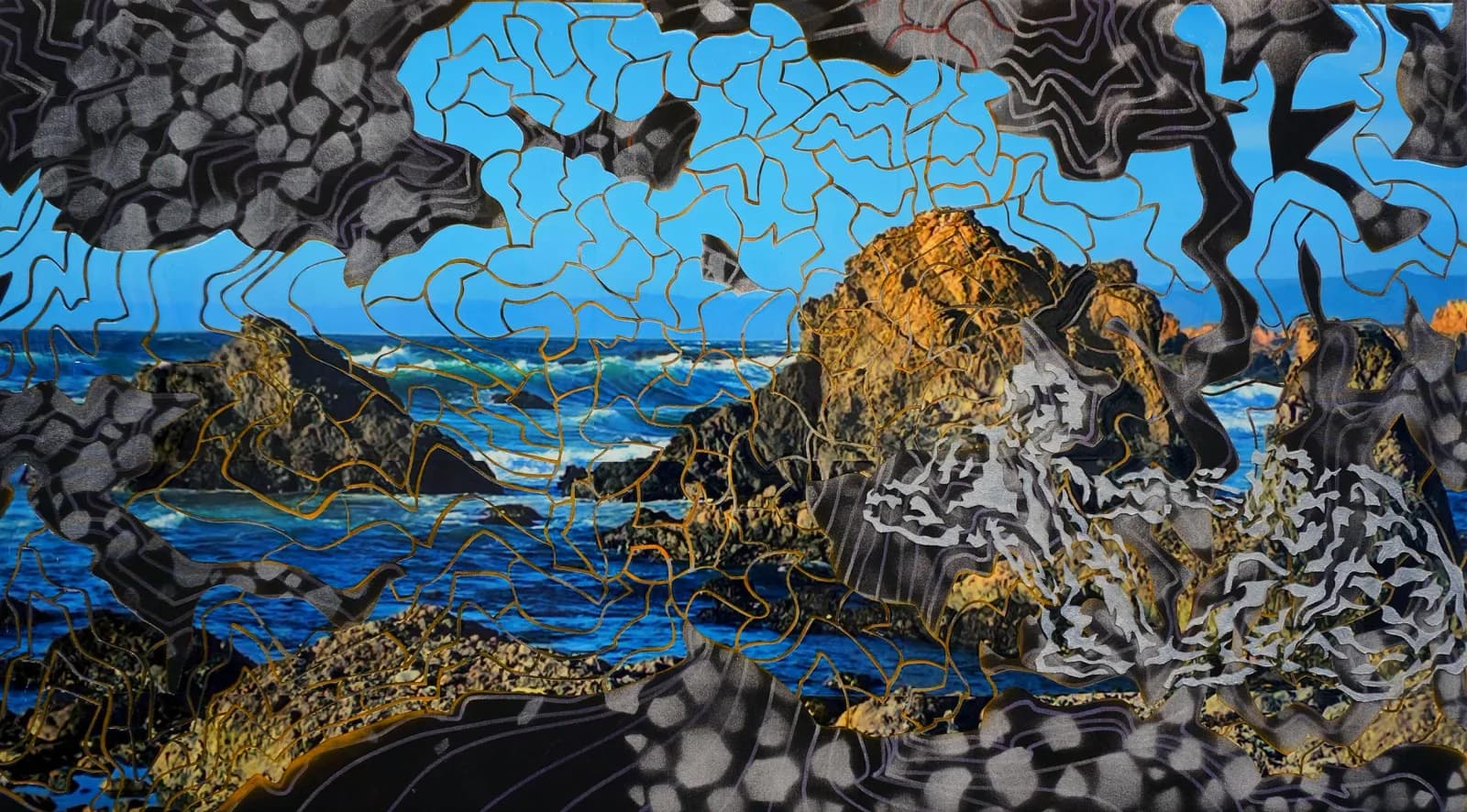 Layered collage of coastal rocks and ocean with intricate patterned paper overlays and bright blue sky.