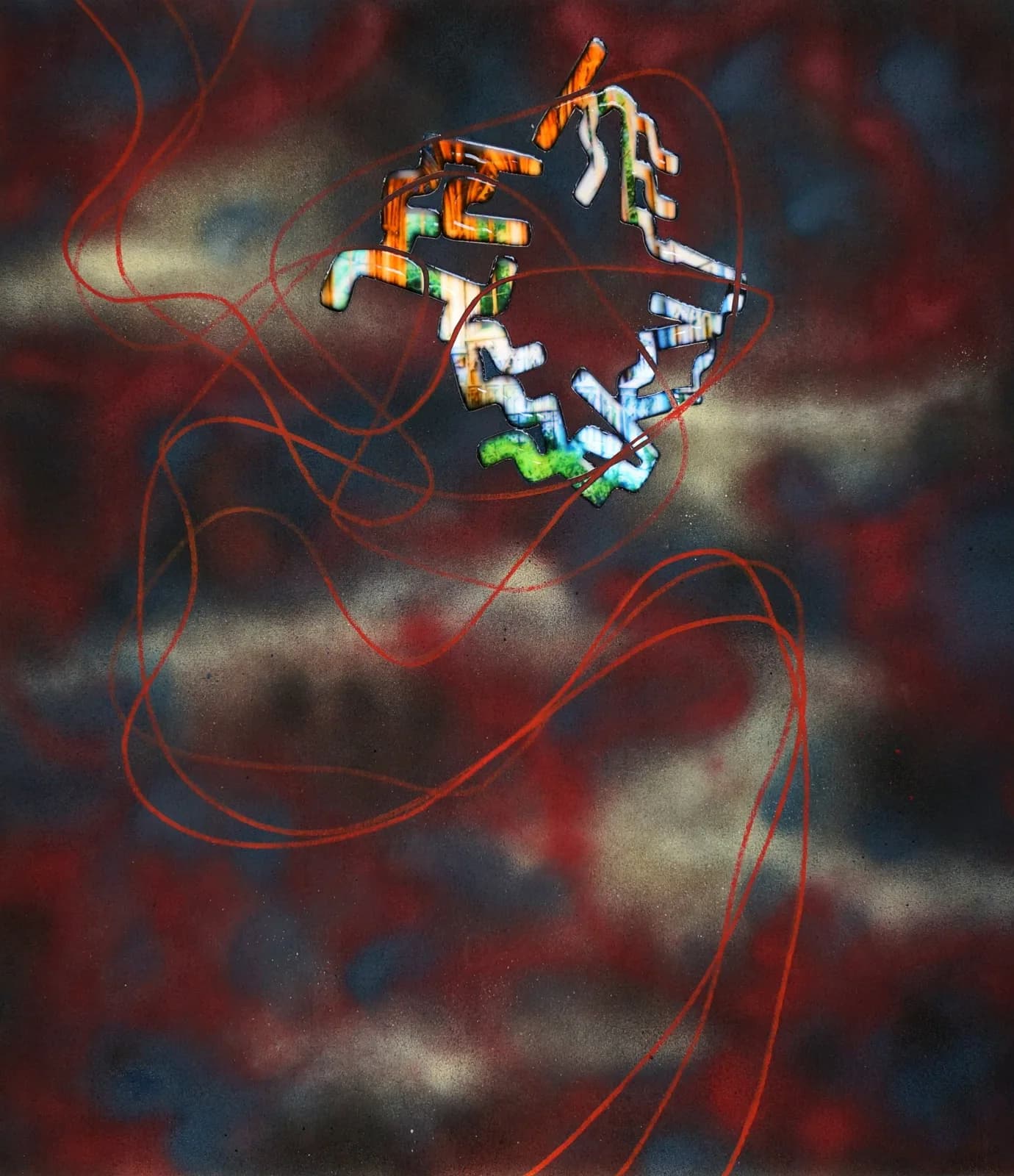 Abstract composition with neon circuitry and flowing red lines on a dark, mottled background.