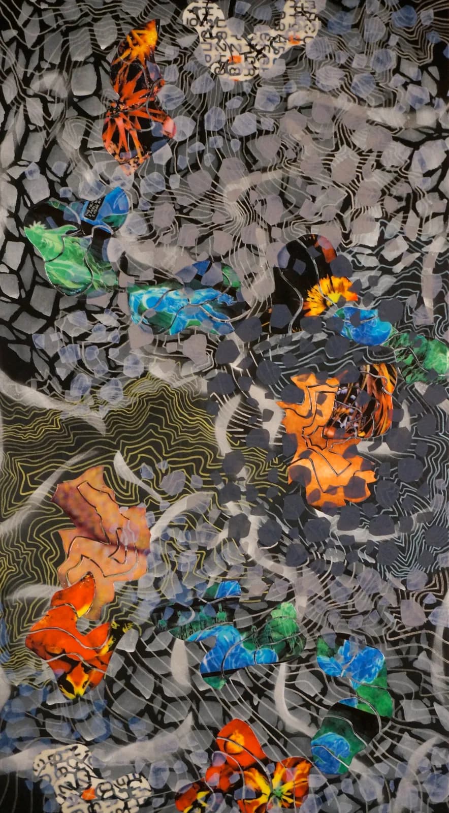 Colorful insects and butterflies layered over a black-and-white patterned textile ground.