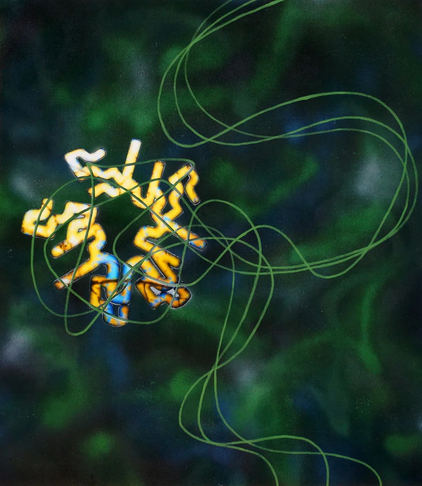 Yellow jellyfish with blue accents and flowing green tentacles rendered in pastel against a dark, atmospheric background.