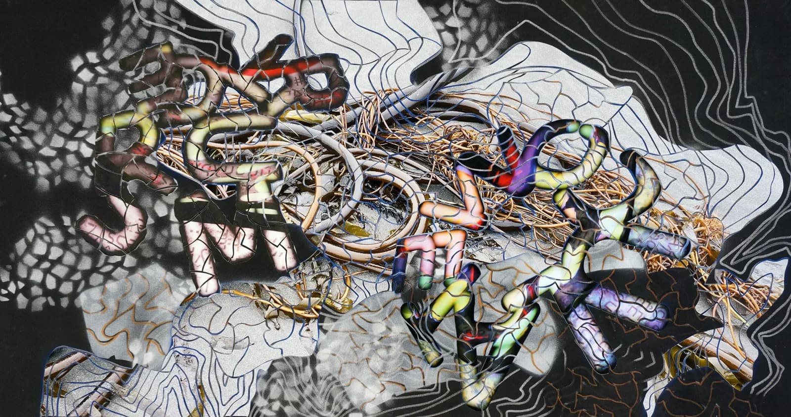 Abstract mixed-media collage layering topographic line-work, textured fragments, and organic forms in black, gold, and jewel tones.