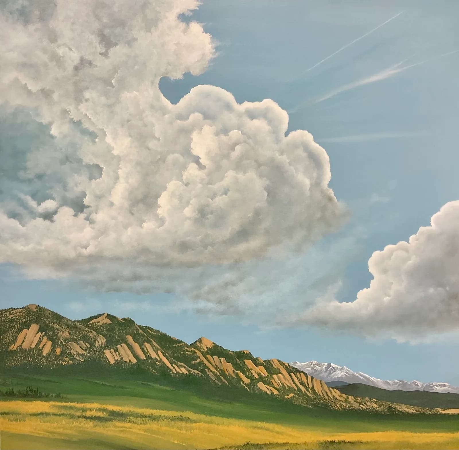 Oil painting of the Boulder Flatirons rising above a green meadow beneath towering cumulus clouds.