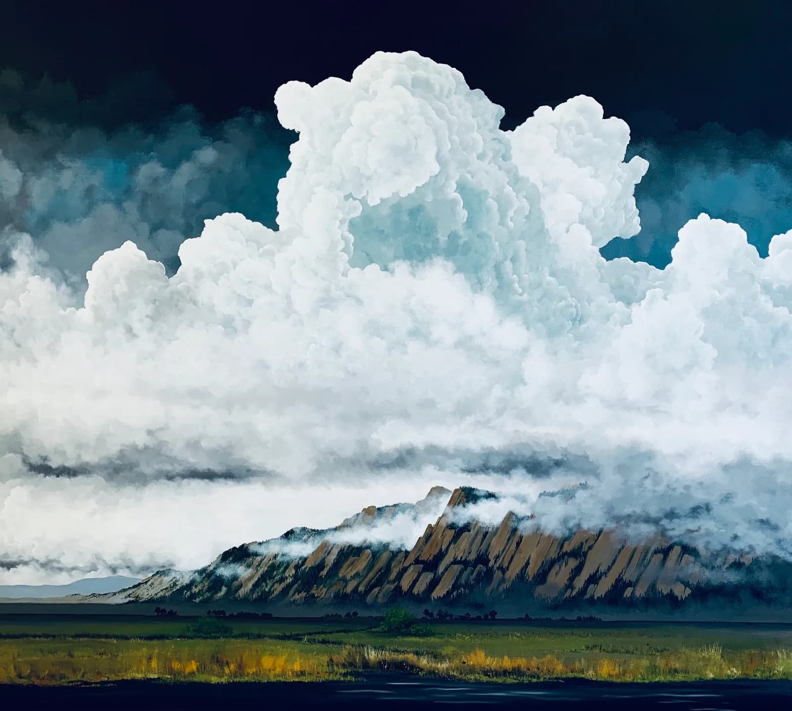 Towering cumulus clouds loom above the Boulder Flatirons in this photorealistic landscape painting.