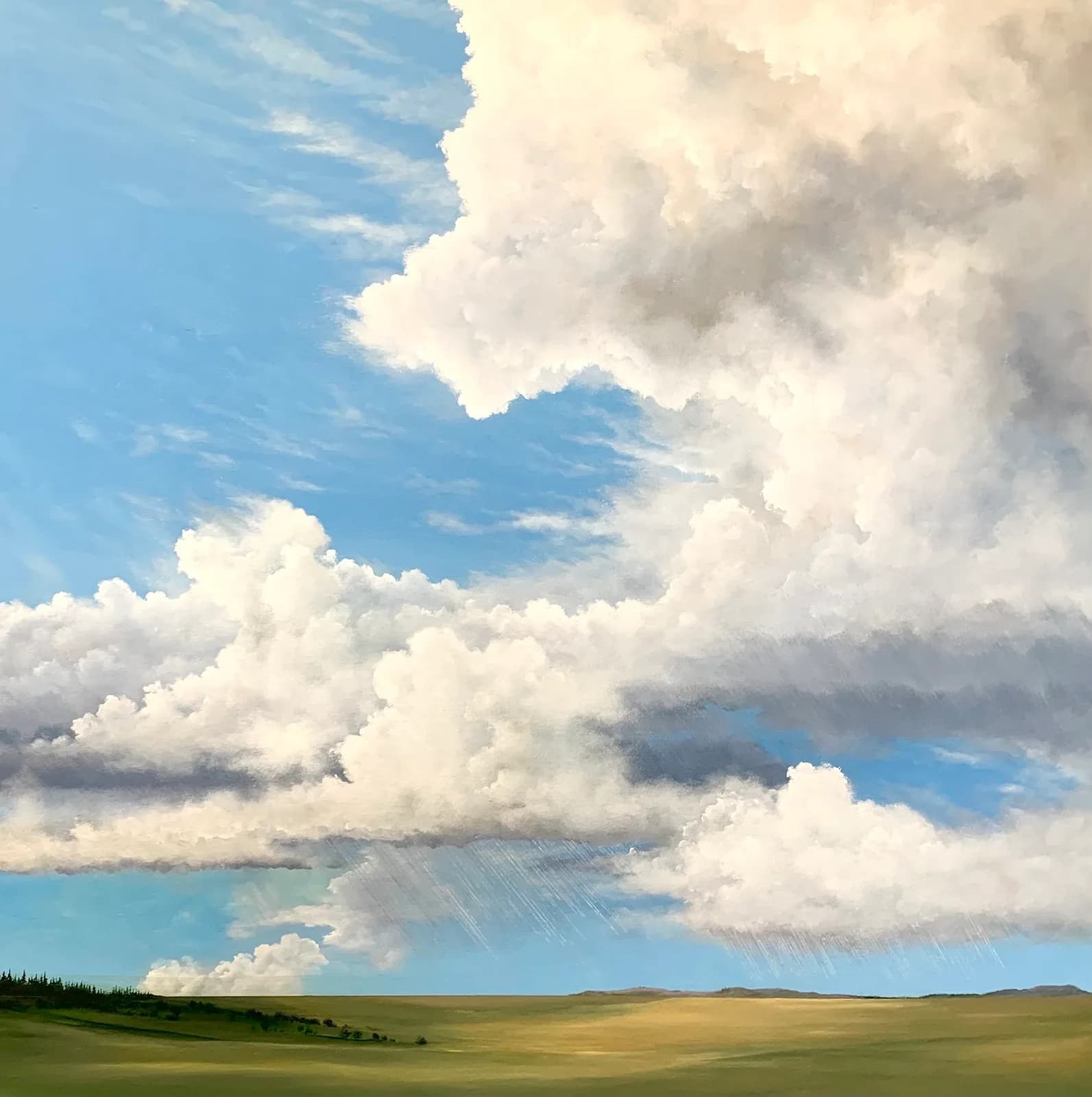 Rolling prairie beneath towering cumulus clouds and dramatic sky, rendered in oil paint.