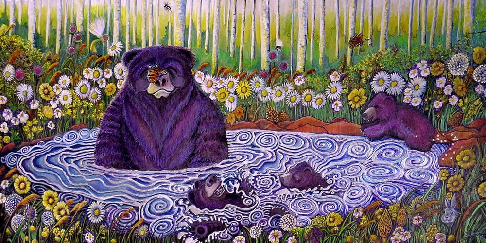 Purple bears wade in a patterned stream bordered by daisies and white birch trees in this surreal ink illustration.