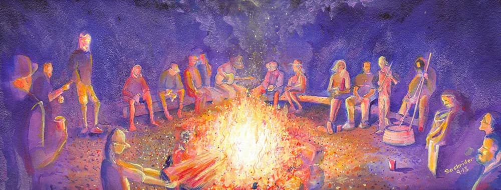 Group of figures gathered around a glowing campfire at night, rendered in warm and cool acrylic tones.