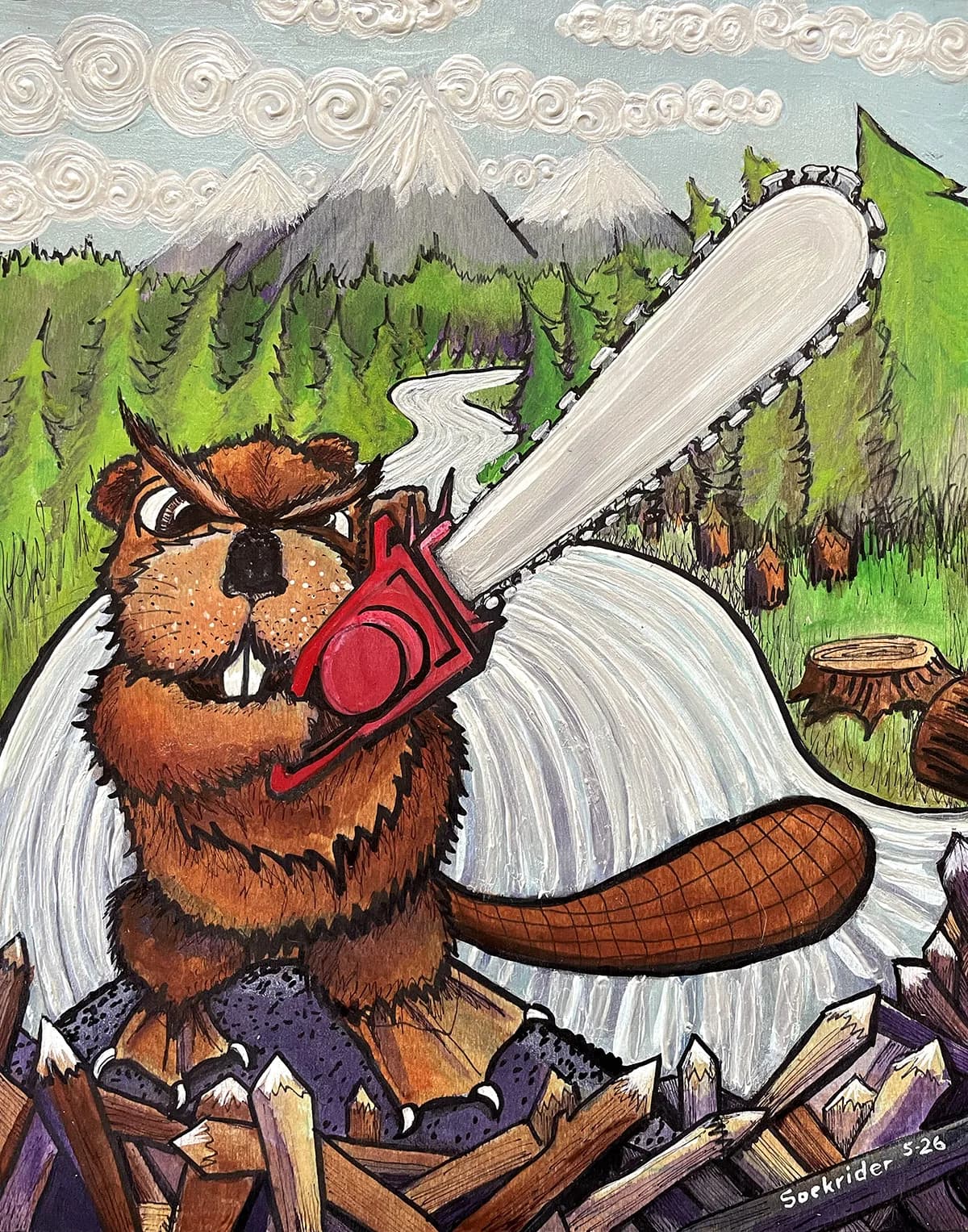 A charming ink-drawn beaver holding a red chainsaw stands before the snow-capped Boulder Flatirons and coniferous forest.