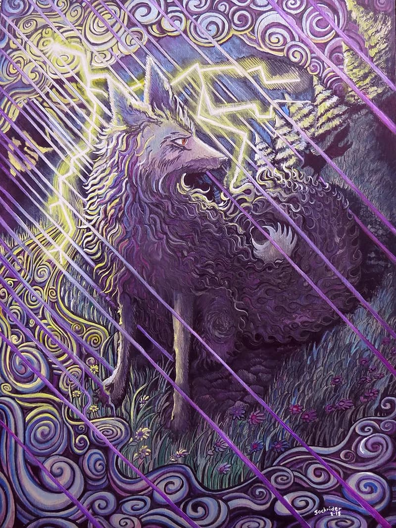 A surreal portrait in purple and gold ink with layered ornamental patterns framing a stylized face.
