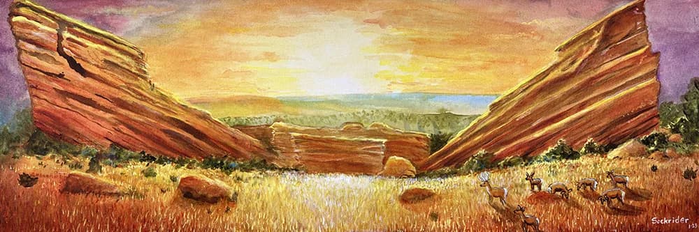 Oil painting of the Boulder Flatirons at sunrise, tilted sandstone slabs framing a golden valley vista.