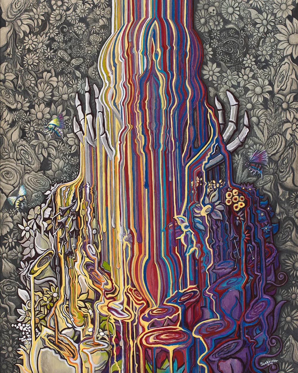 A surreal portrait merges a head rendered in flowing, multi-colored stripes with a floral-patterned textile background in black and cream.