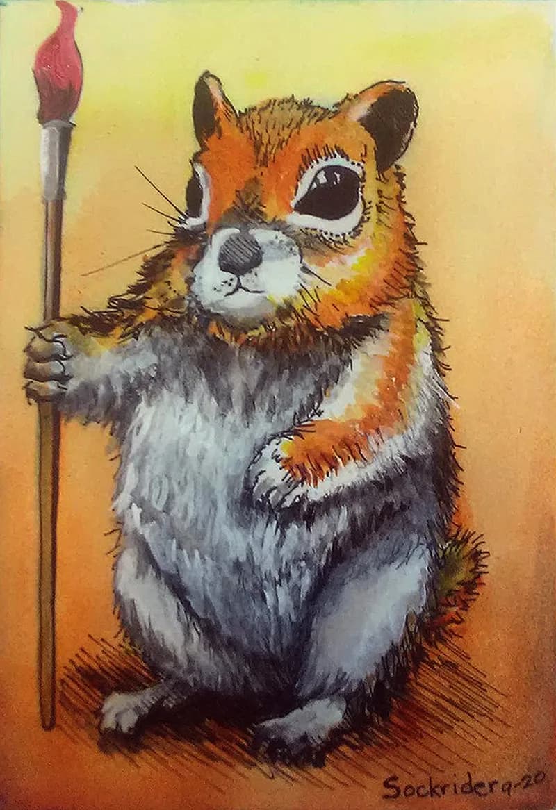 An orange and white cat holds a flaming torch in this ink and watercolor illustration.