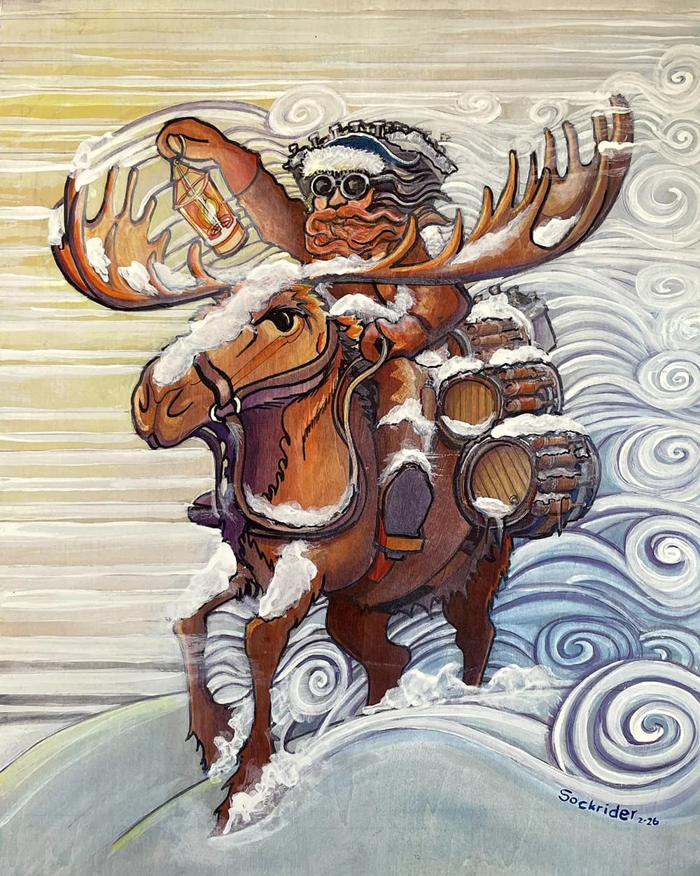 A whimsical cowboy and bucking horse in snowdrift, rendered in ink and watercolor with folk-art sensibility.