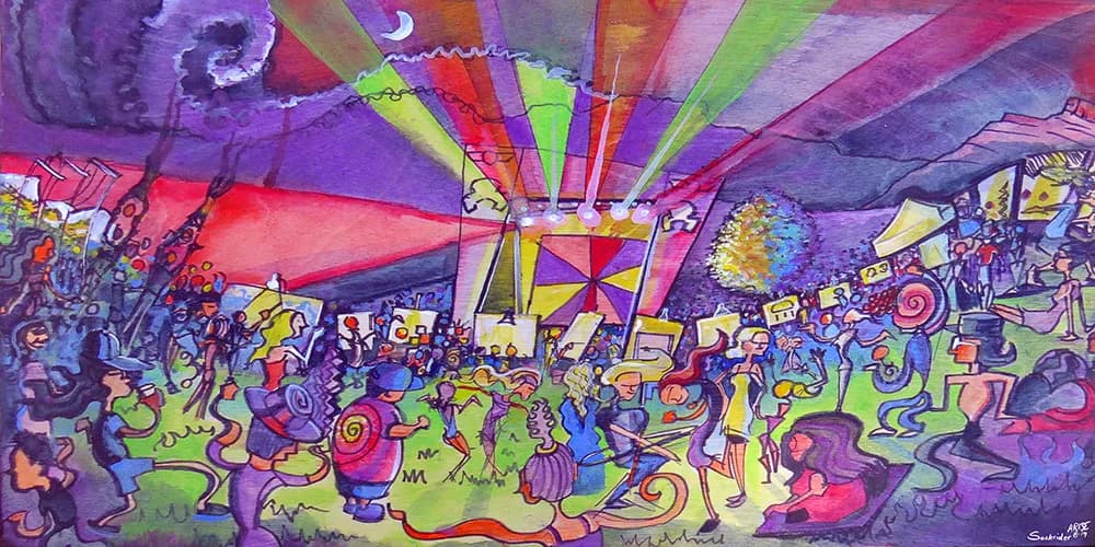 Psychedelic illustration of a vibrant outdoor festival crowd beneath a radiating neon sunburst, rendered in saturated ink and vibrant color.
