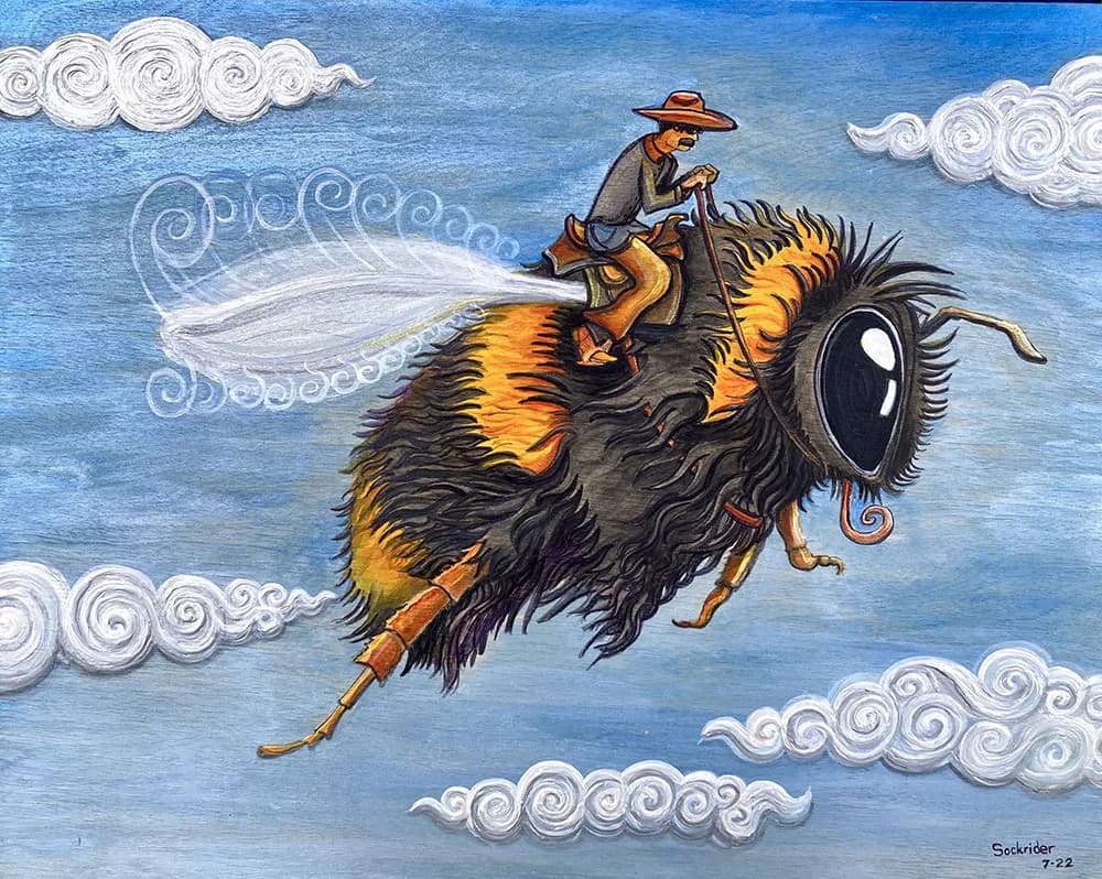 A cowboy rides a fantastical mechanical insect through clouds, rendered in ink and color.