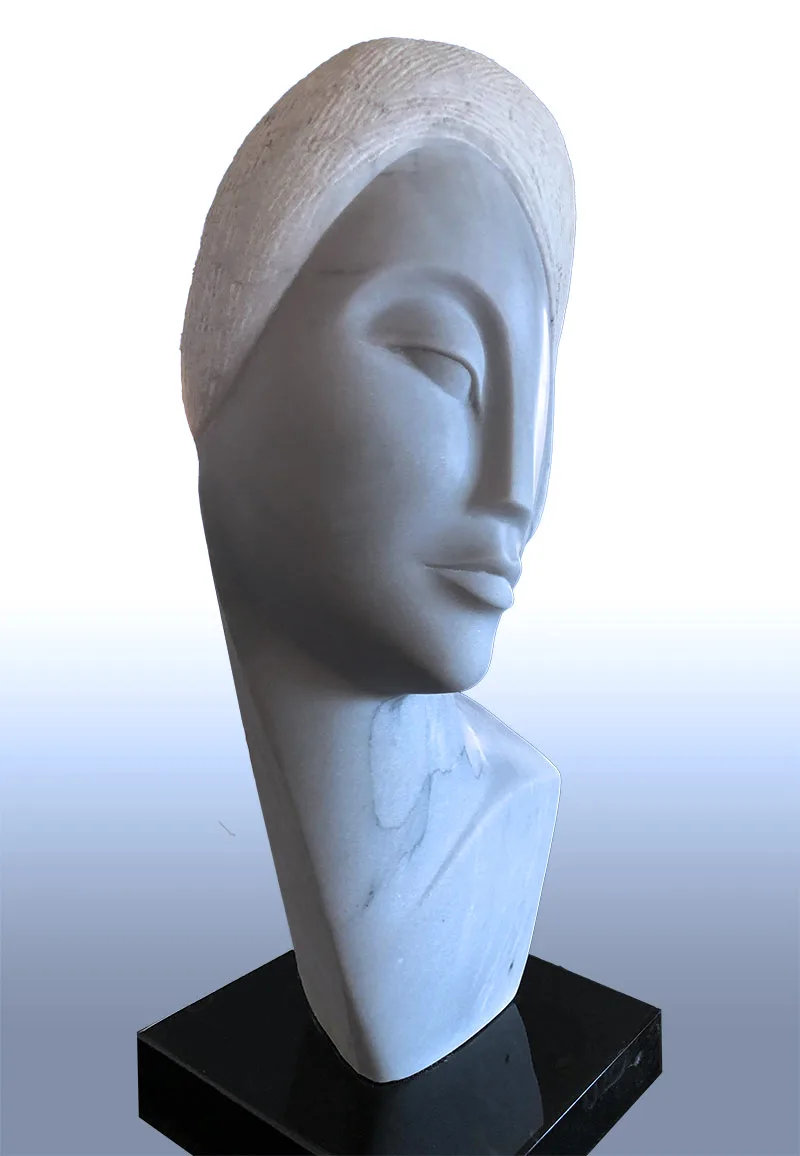 Abstract stone head sculpture with elongated form and simplified facial features on black base.