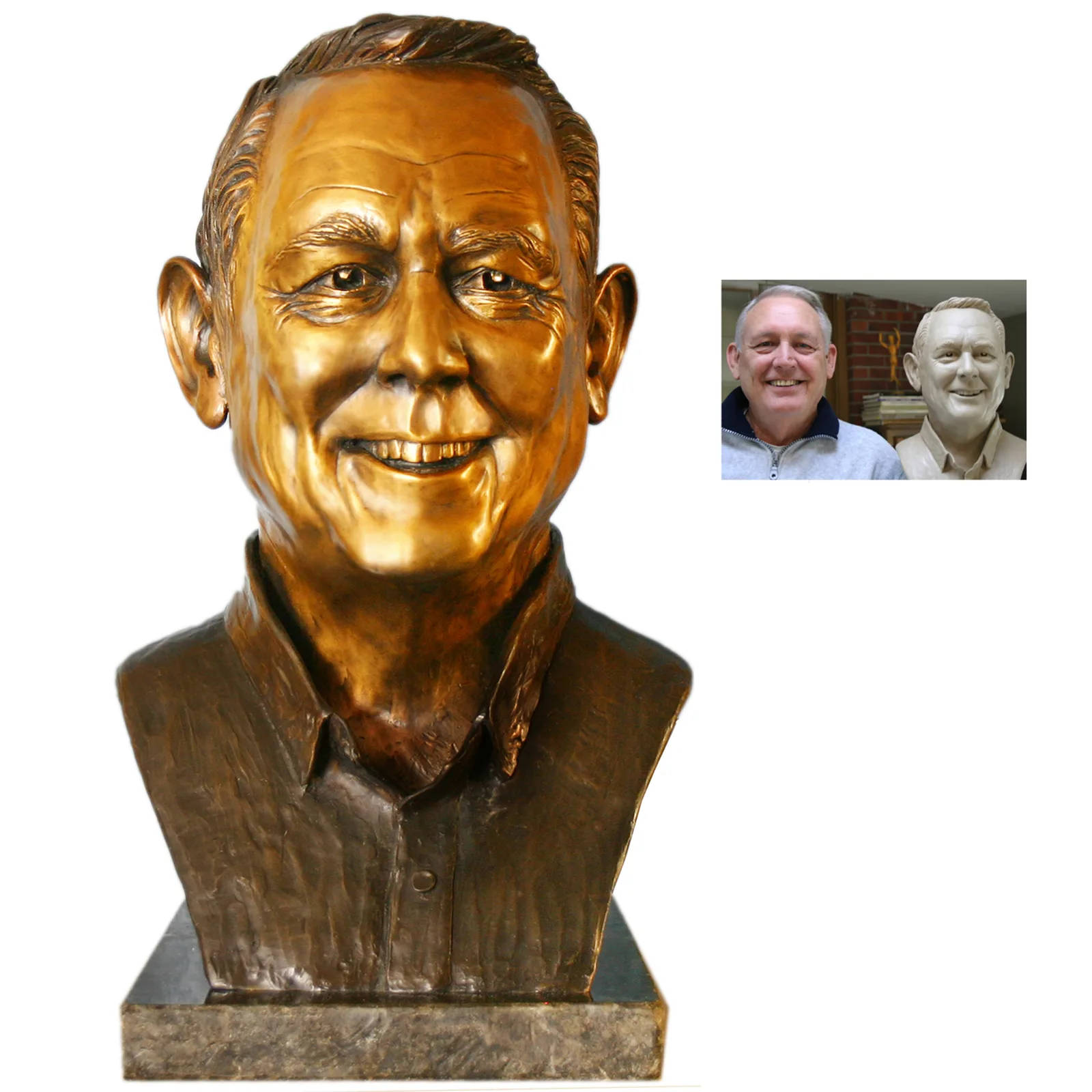 Bronze portrait bust of a smiling man, cast in warm-toned bronze with lifelike facial detail and confident expression.