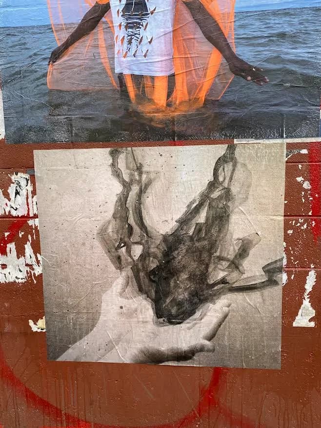 Mixed-media collage layering a charcoal figure study with a color photograph of a windsurfer at sea.