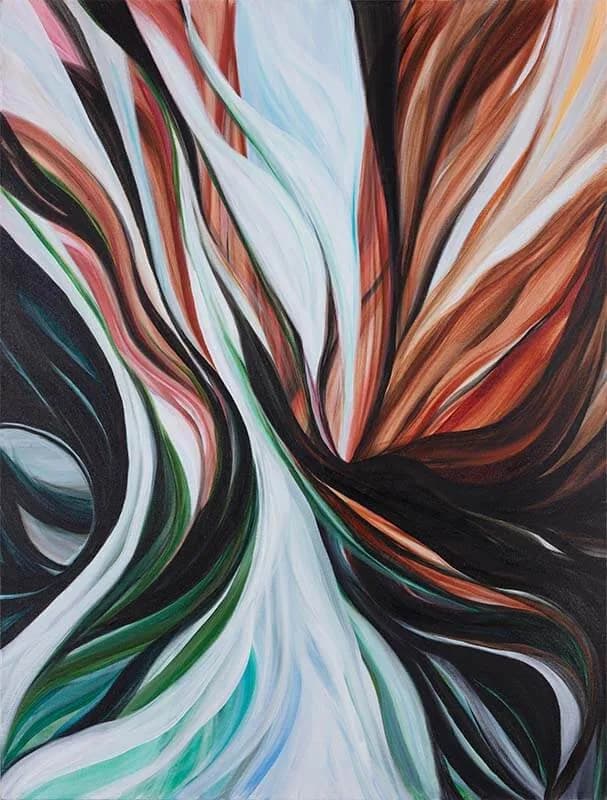 Abstract acrylic painting with flowing, swirling forms in warm and cool tones.