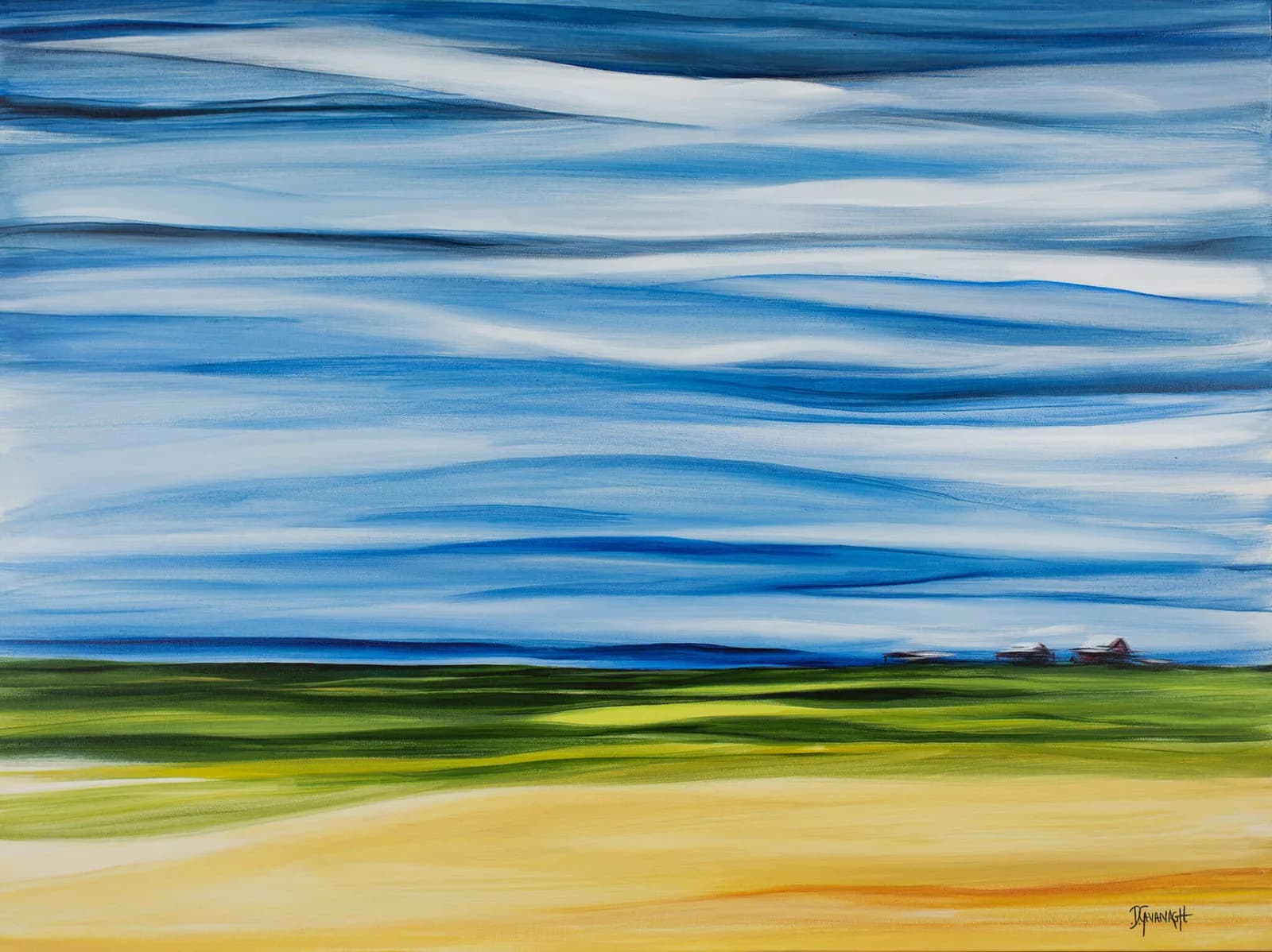 Coastal landscape with expansive blue sky, green meadow, and sand beach, rendered in horizontal acrylic strokes.