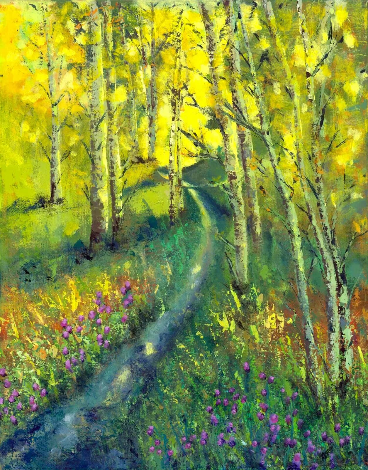 A forest stream winds through birch trees and wild purple flowers in dappled yellow light.