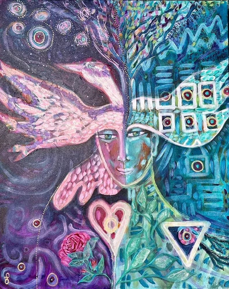 Surreal split-portrait with cosmic and mechanical imagery in acrylic and mixed media.