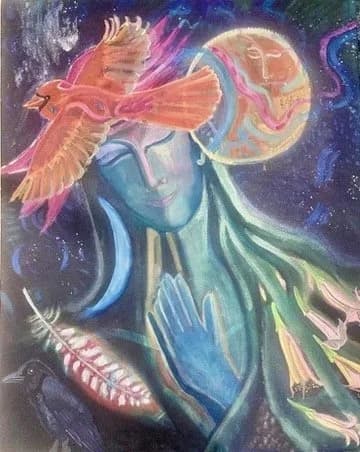 A luminous, surreal figure with flowing robes holds a glowing orb beneath a cosmic sky, rendered in vibrant pastels.