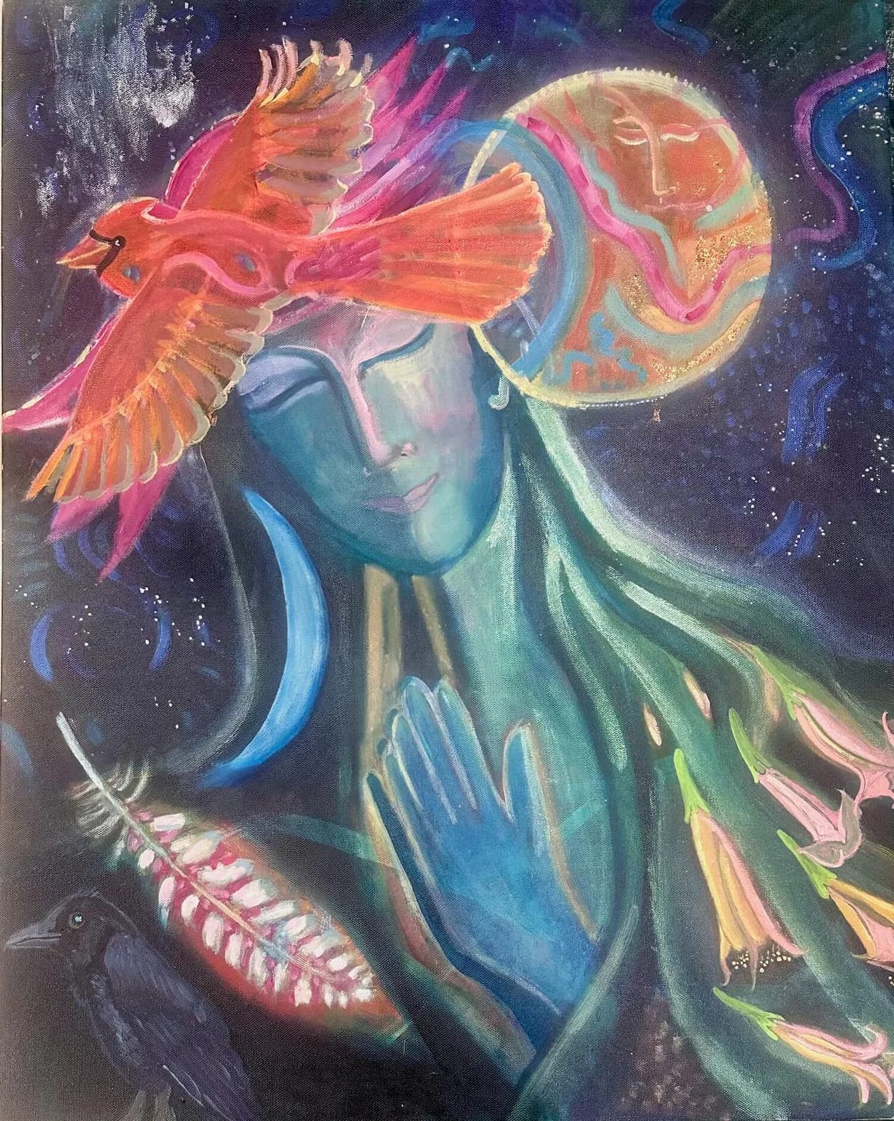 A surreal figure with a phoenix and glowing cosmic face painted in vibrant acrylic.